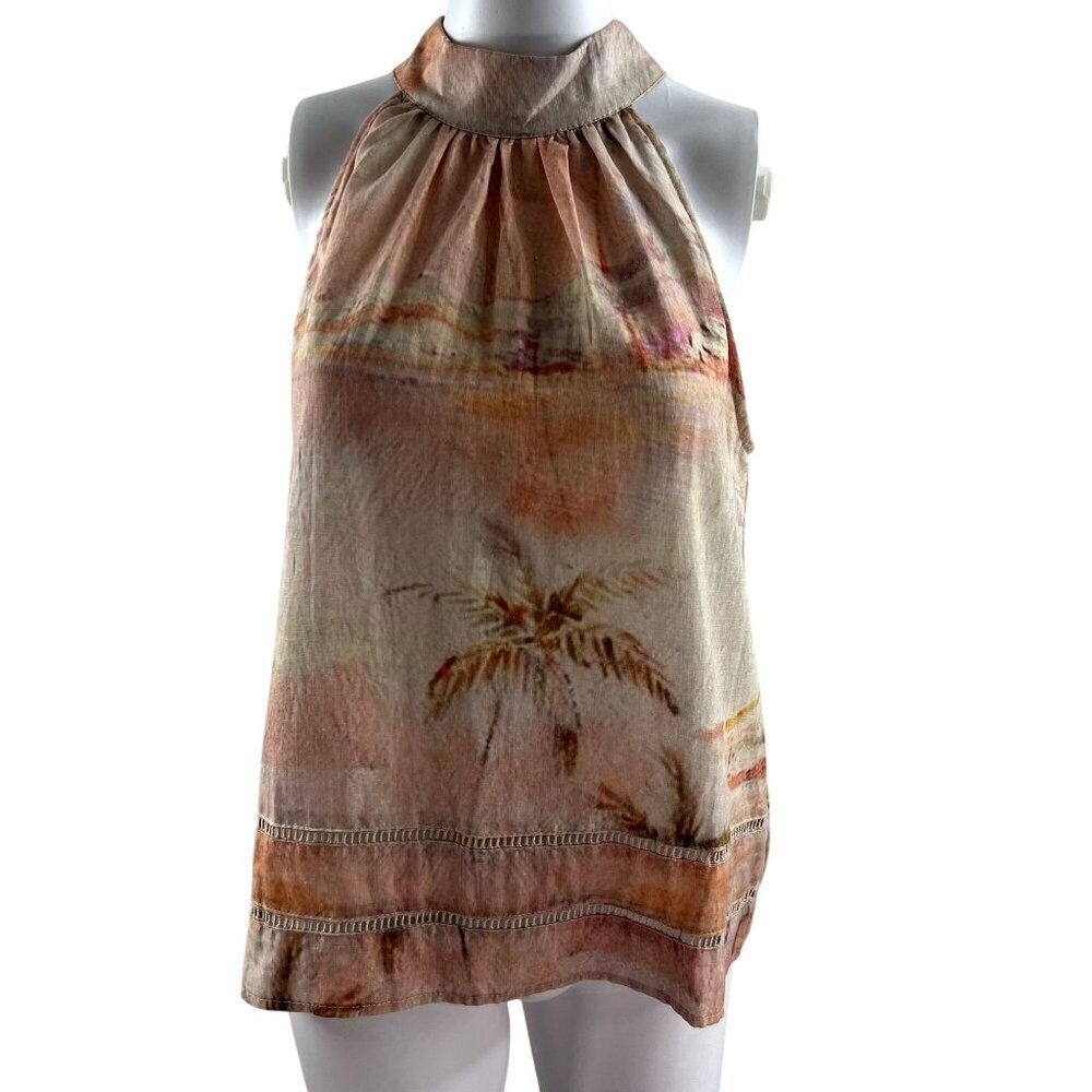 Rachel Zoe NWT Women S Linen Blend Halter Top Tropical Palm Tree Resort Vacation